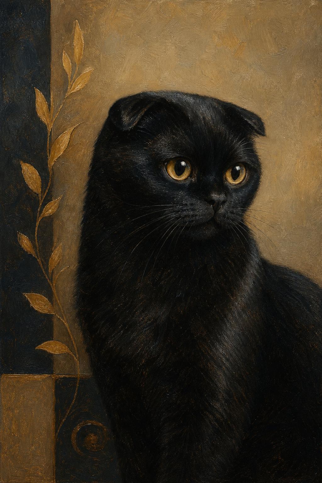 Black folded-ear cat portrait in an oil painting style with golden eyes, a textured brown background, and a gold leafy decorative branch on the left.