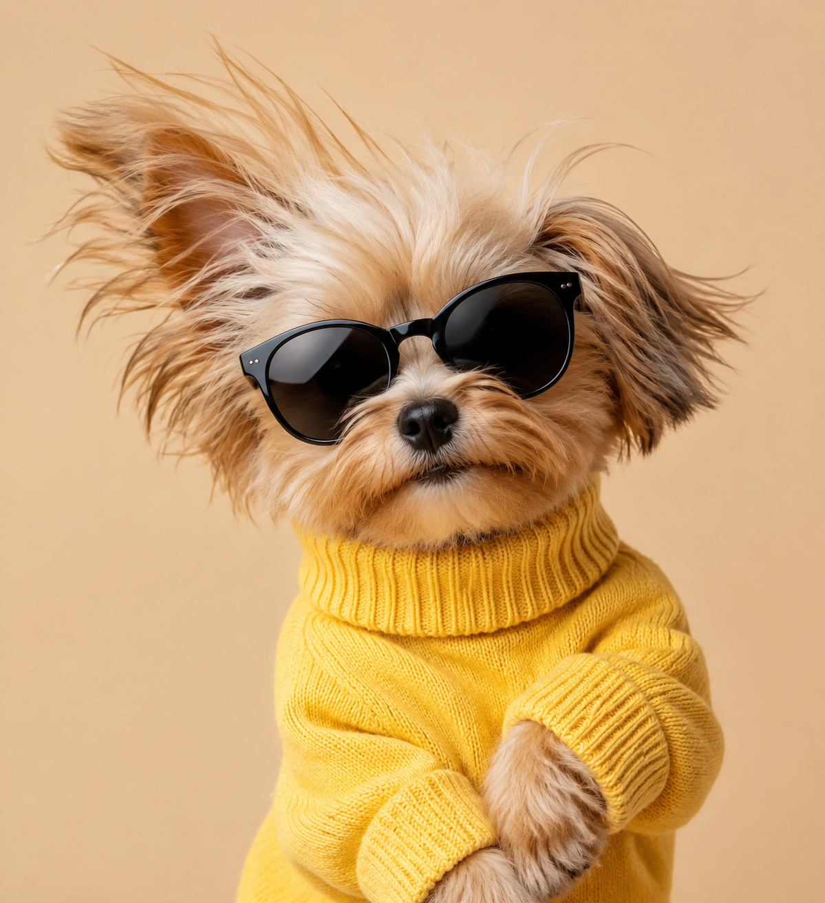 Small fluffy dog wearing a yellow knit sweater and black sunglasses, with windswept fur on a beige studio background.