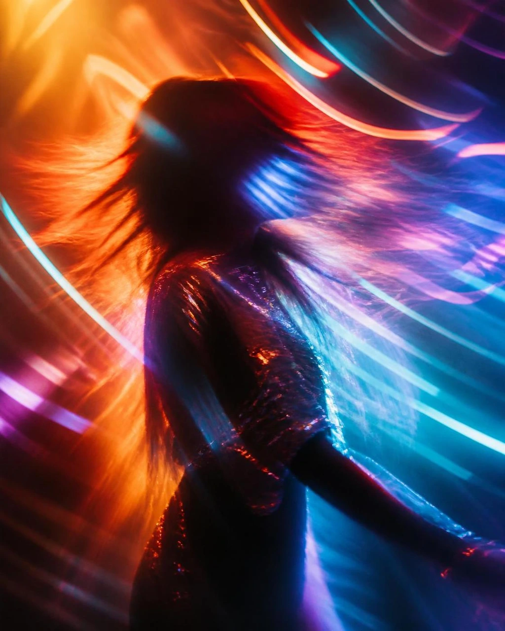Create a cinematic abstract portrait of a blurred figure surrounded by dynamic neon light streaks, blending warm orange tones with cool blue and purple highlights.