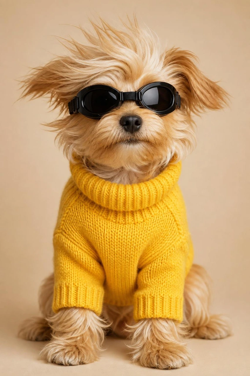 A playful studio portrait template featuring a small fluffy dog wearing a bright yellow knit sweater and black goggles, with windswept fur against a warm beige backdrop.