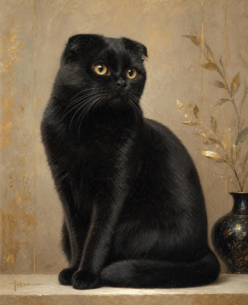 A decorative oil painting style portrait of a black folded-ear cat with warm gold accents, textured brushwork, and an elegant vintage wall-art feel.