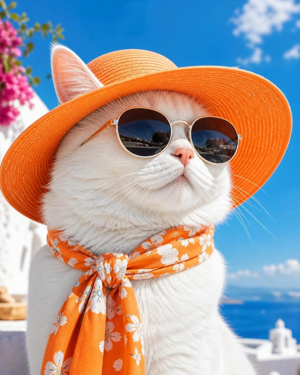 A cool white cat portrait featuring an orange sun hat, sunglasses, and a bright blue sky for a playful summer fashion look.