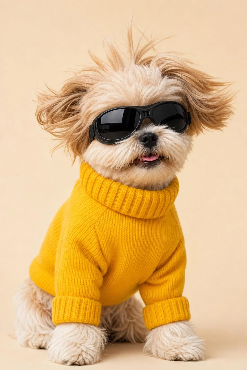 A playful studio portrait template featuring a small fluffy dog wearing a bright yellow knit sweater and black goggles, with windswept fur against a warm beige backdrop.