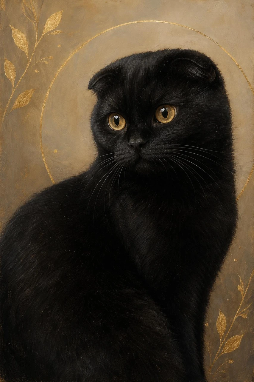 A decorative oil painting style portrait of a black folded-ear cat with warm gold accents, textured brushwork, and an elegant vintage wall-art feel.