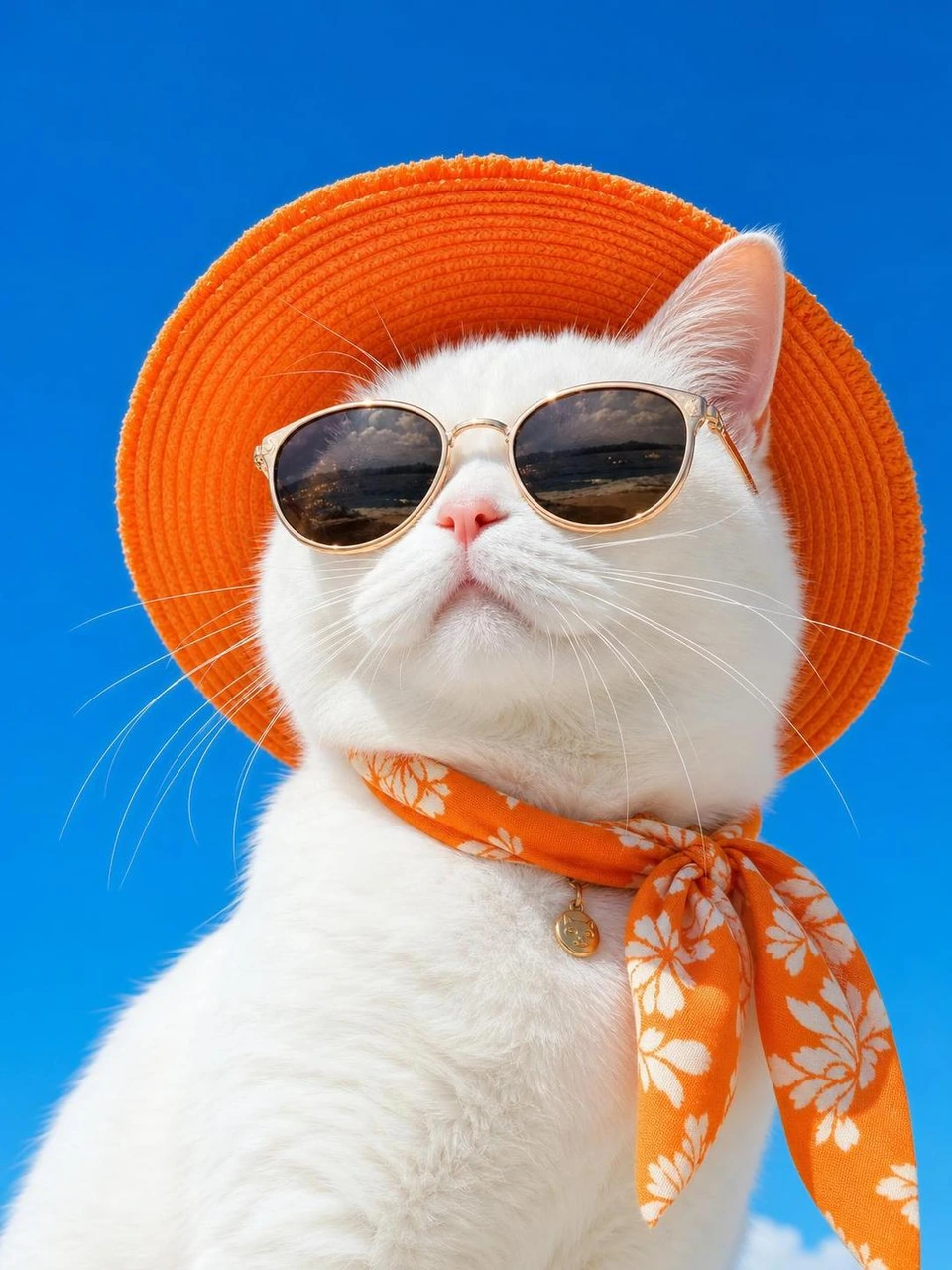 A cool white cat portrait featuring an orange sun hat, sunglasses, and a bright blue sky for a playful summer fashion look.