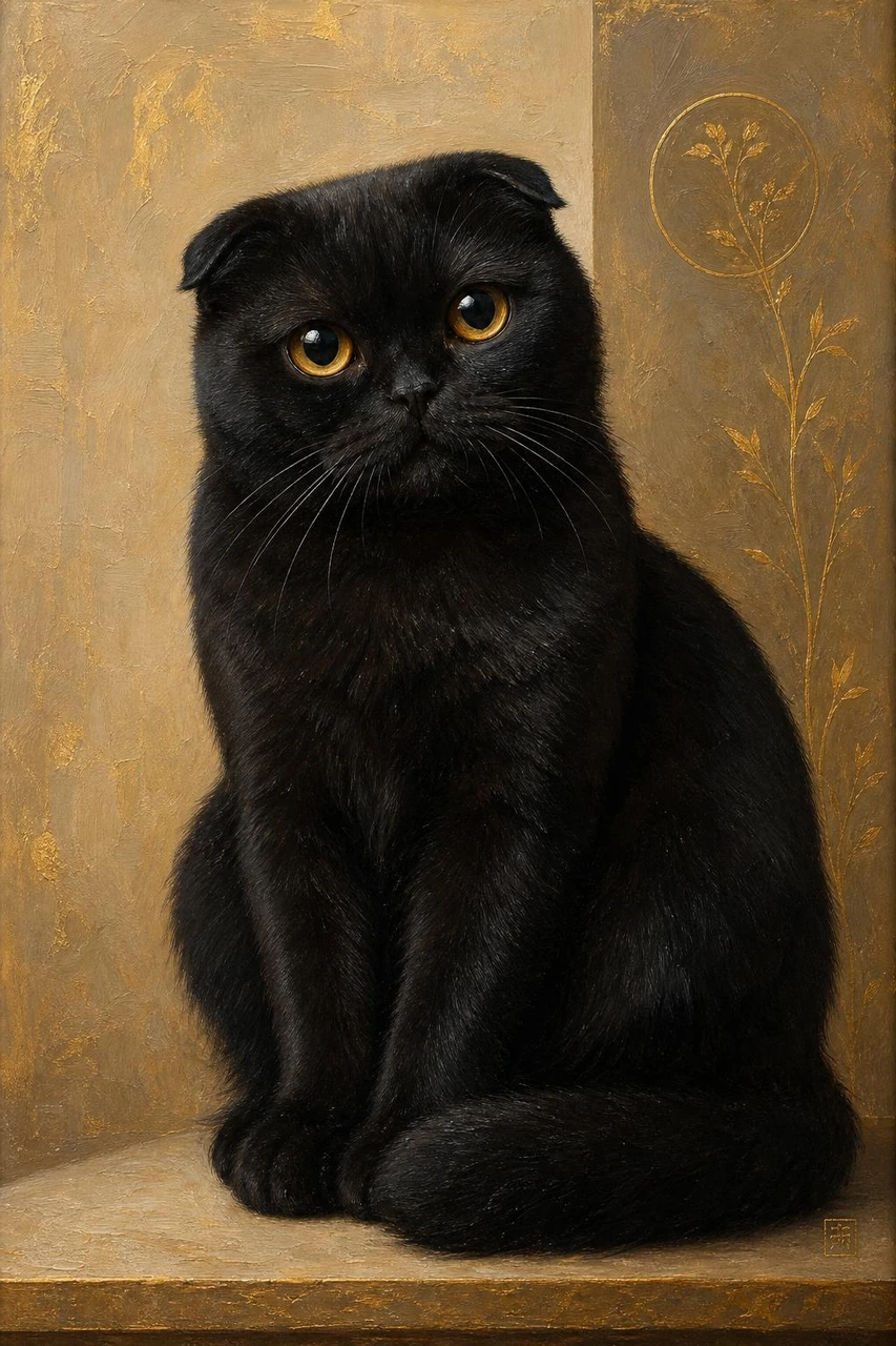 A decorative oil painting style portrait of a black folded-ear cat with warm gold accents, textured brushwork, and an elegant vintage wall-art feel.