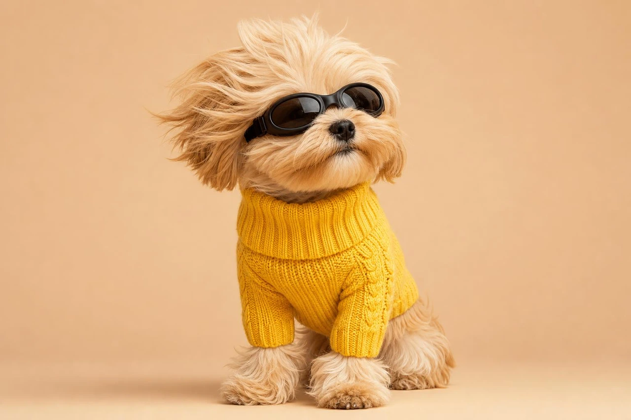 A playful studio portrait template featuring a small fluffy dog wearing a bright yellow knit sweater and black goggles, with windswept fur against a warm beige backdrop.