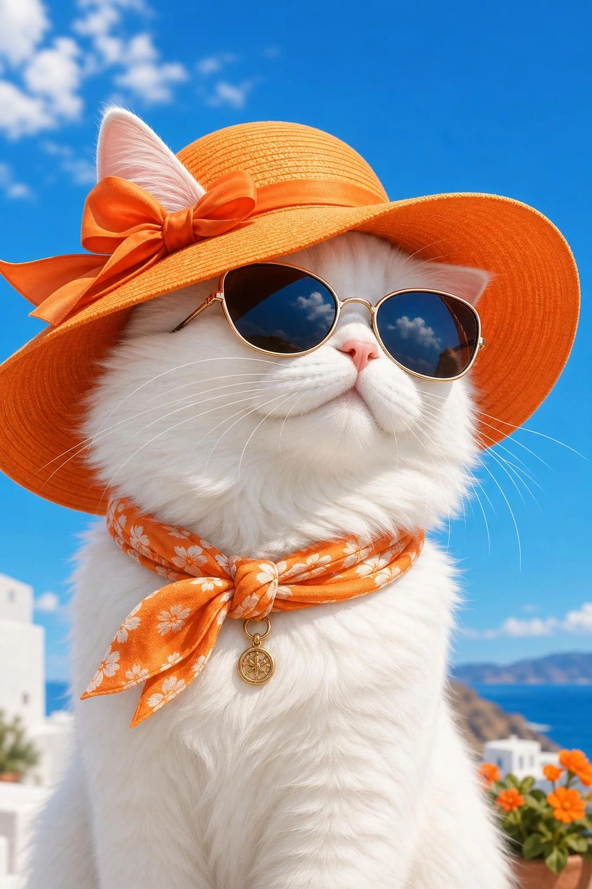 A cool white cat portrait featuring an orange sun hat, sunglasses, and a bright blue sky for a playful summer fashion look.
