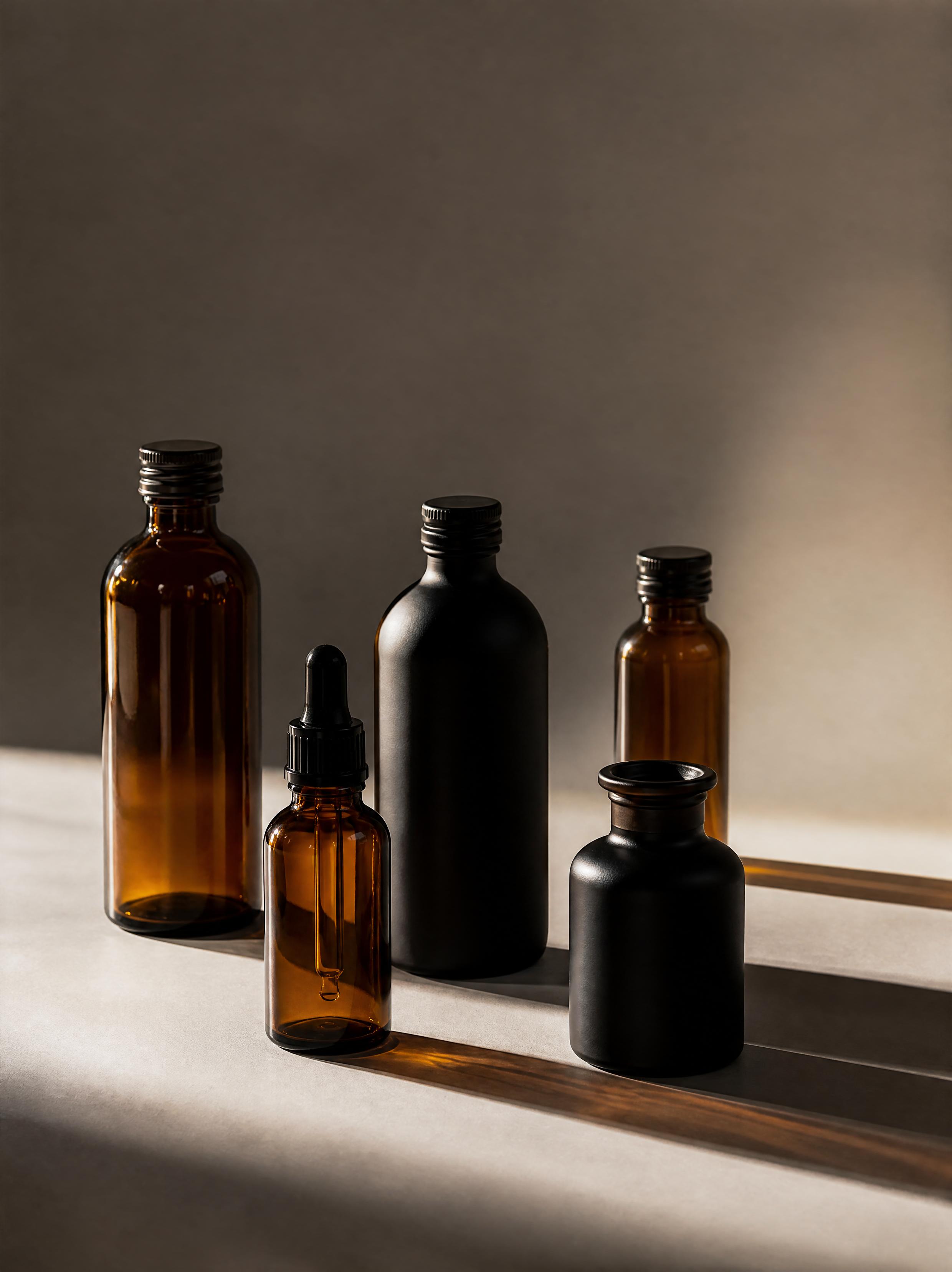 Amber glass and matte black cosmetic bottles arranged on a neutral surface with strong side lighting and long shadows.
