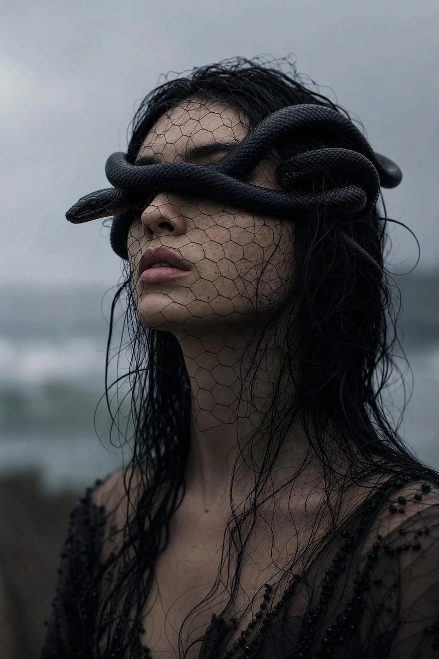 A dark haute couture portrait concept featuring a woman with a black snake draped across her eyes, a delicate mesh veil, wet windswept hair, and a foggy coastal backdrop.
