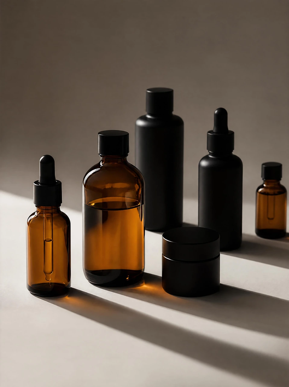 A minimalist product photography template featuring amber glass and matte black cosmetic bottles with dramatic studio lighting, soft shadows, and a muted neutral background.