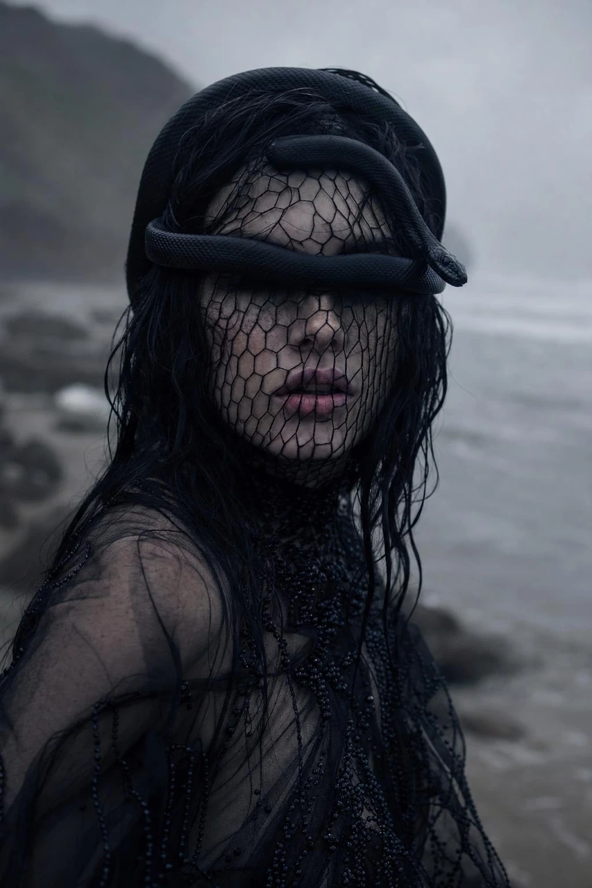 A dark haute couture portrait concept featuring a woman with a black snake draped across her eyes, a delicate mesh veil, wet windswept hair, and a foggy coastal backdrop.