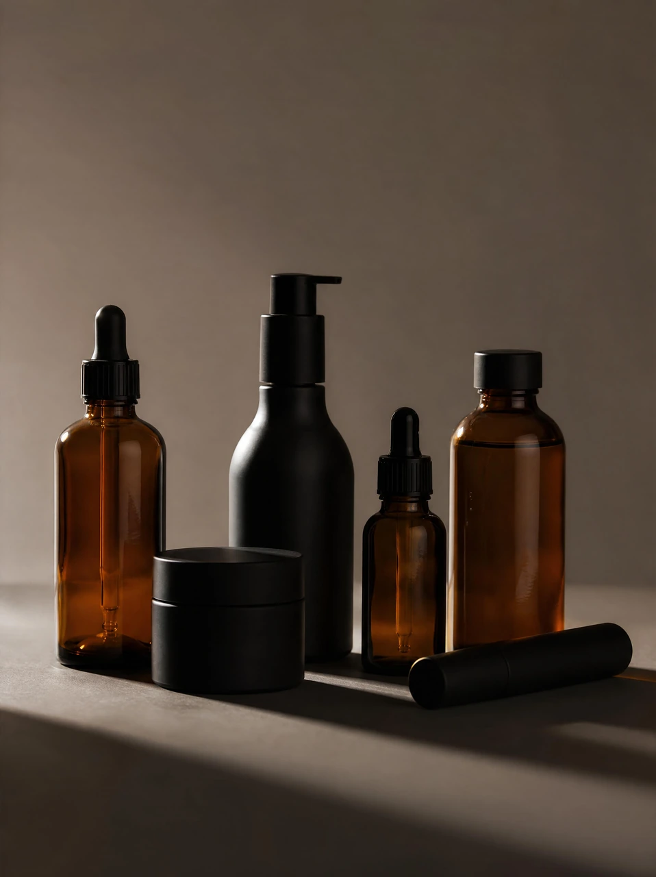 A minimalist product photography template featuring amber glass and matte black cosmetic bottles with dramatic studio lighting, soft shadows, and a muted neutral background.