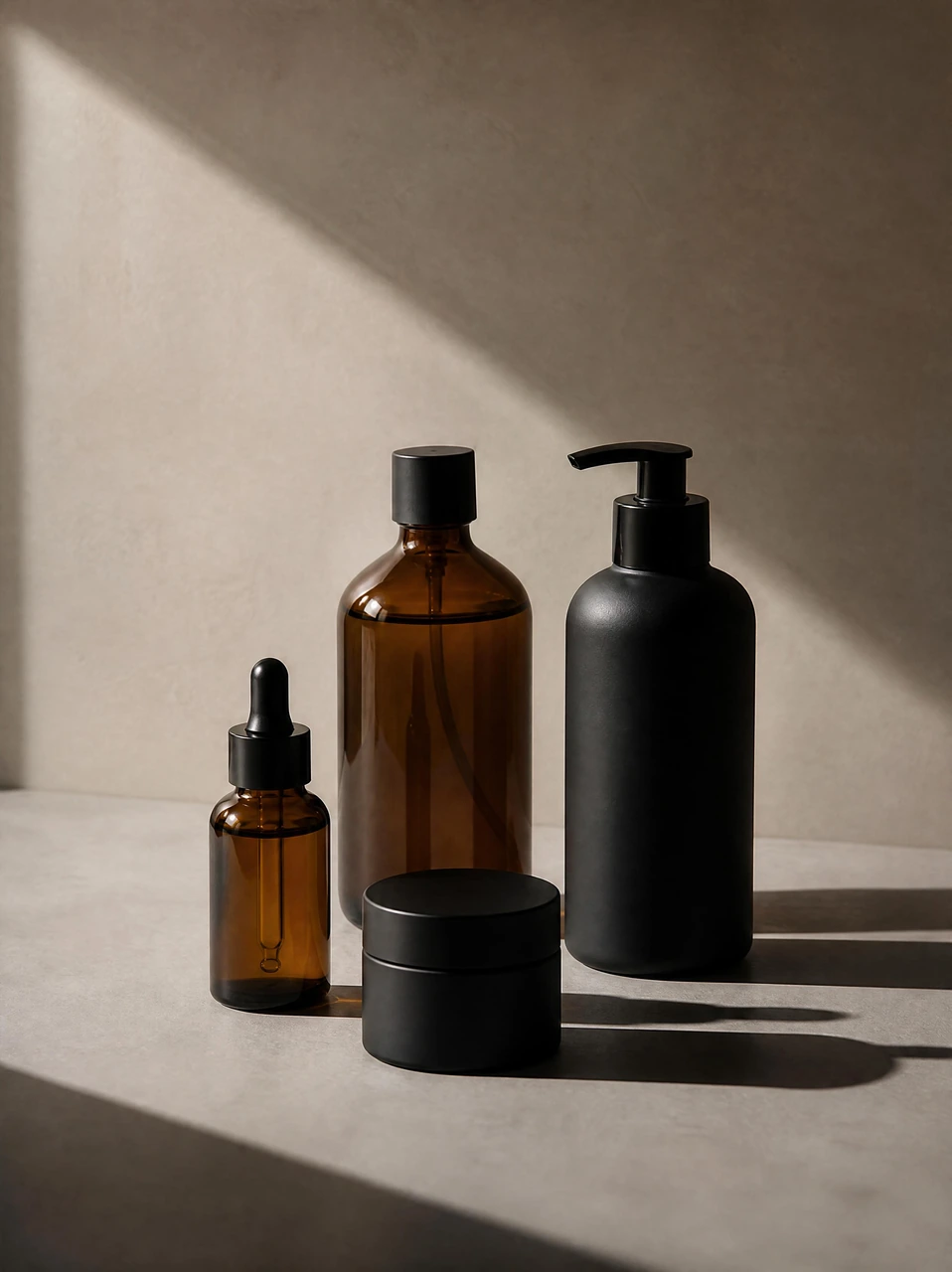 A minimalist product photography template featuring amber glass and matte black cosmetic bottles with dramatic studio lighting, soft shadows, and a muted neutral background.