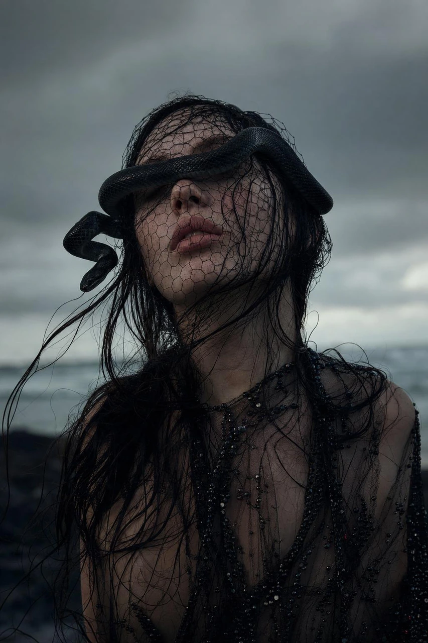 A dark haute couture portrait concept featuring a woman with a black snake draped across her eyes, a delicate mesh veil, wet windswept hair, and a foggy coastal backdrop.