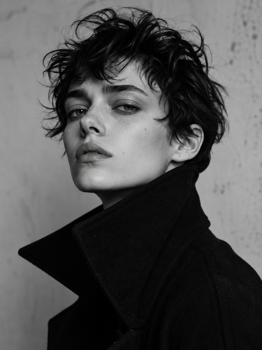 Monochrome close-up portrait of a person with tousled short hair, a raised black coat collar, and a direct intense gaze against a textured wall.