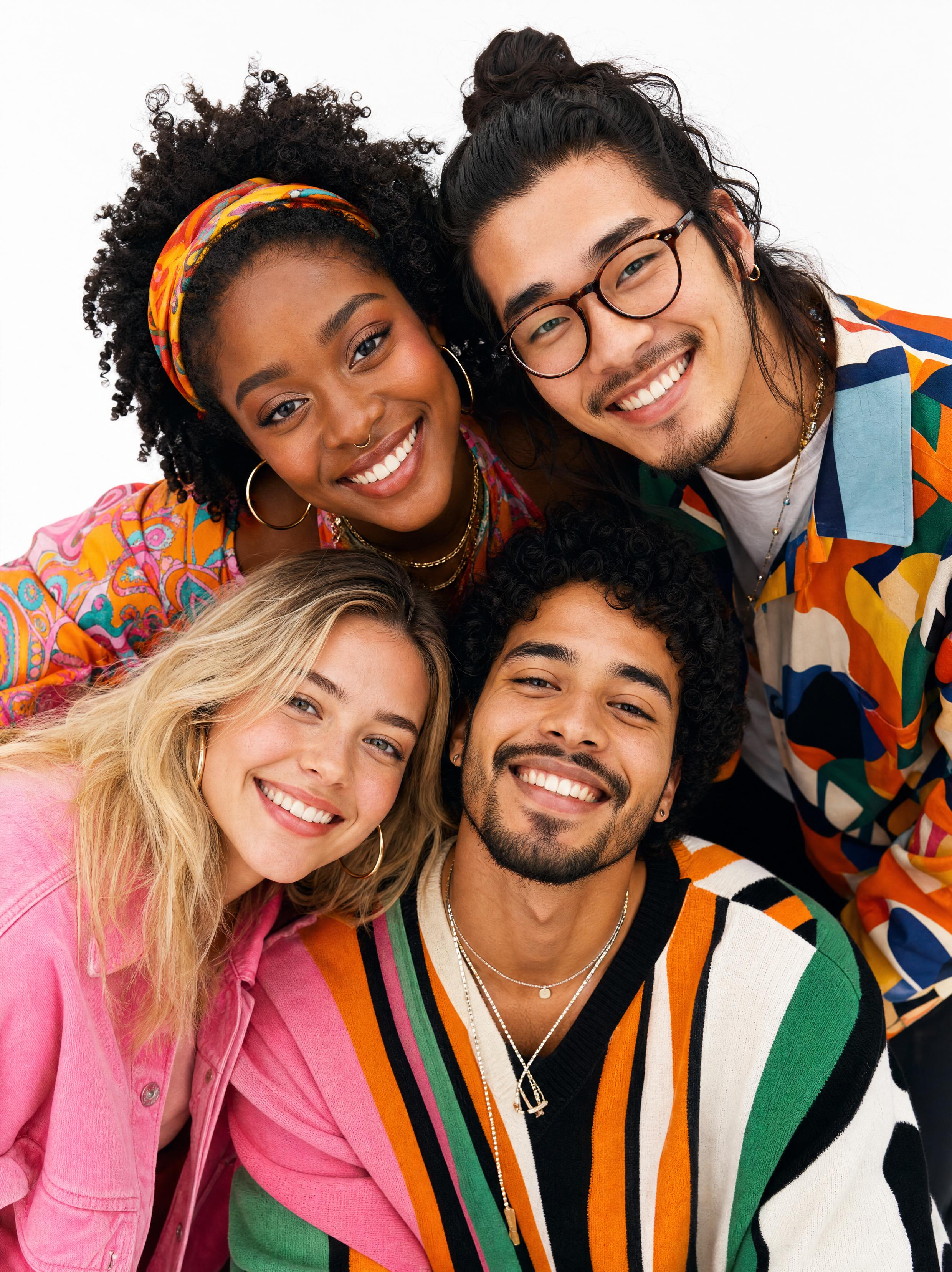 Smiling young adults leaning together in a circular close-up pose, wearing colorful patterned outfits on a white background.