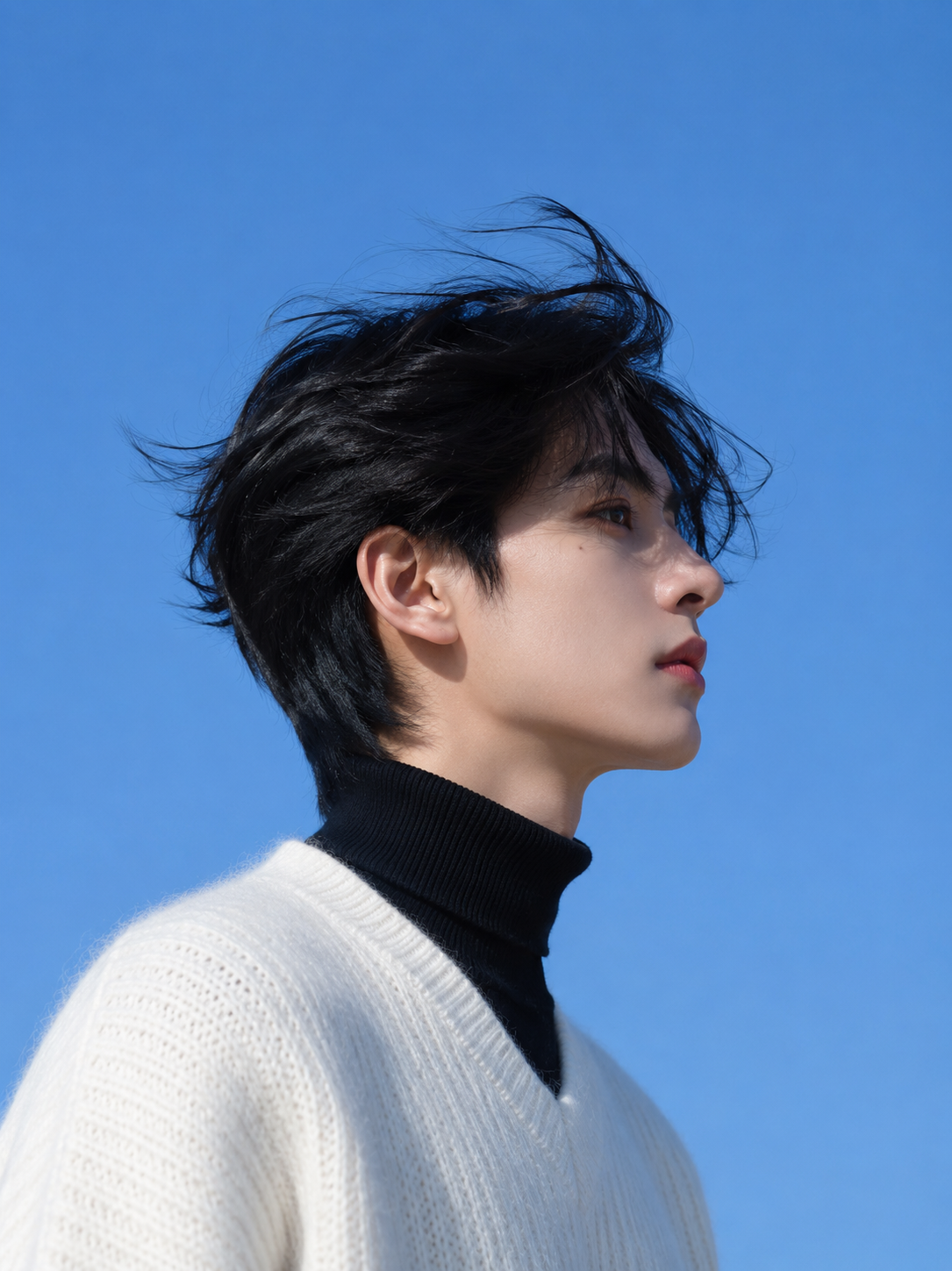 Side profile portrait of a person with windswept black hair, wearing a black turtleneck and white sweater against a clear blue sky