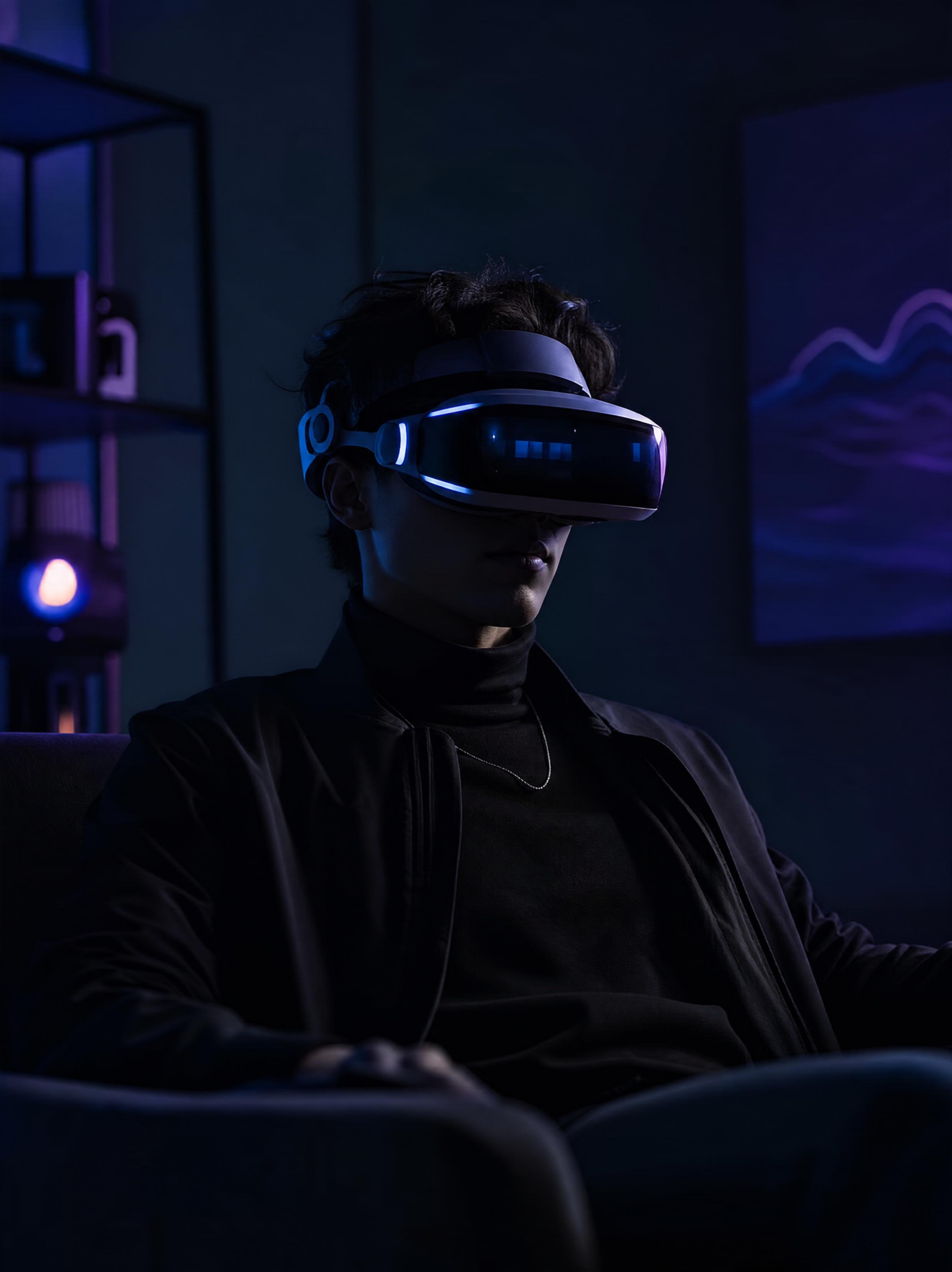身穿深色服装的人在蓝紫色电影感灯光的昏暗房间中佩戴未来感 VR 头显