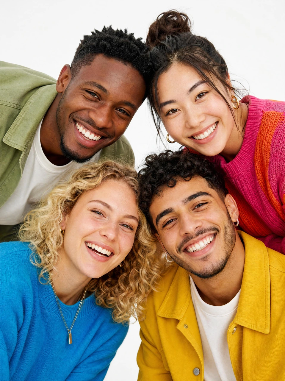 A bright lifestyle portrait template featuring smiling friends leaning together in a circular pose, wearing vibrant outfits against a clean white background.