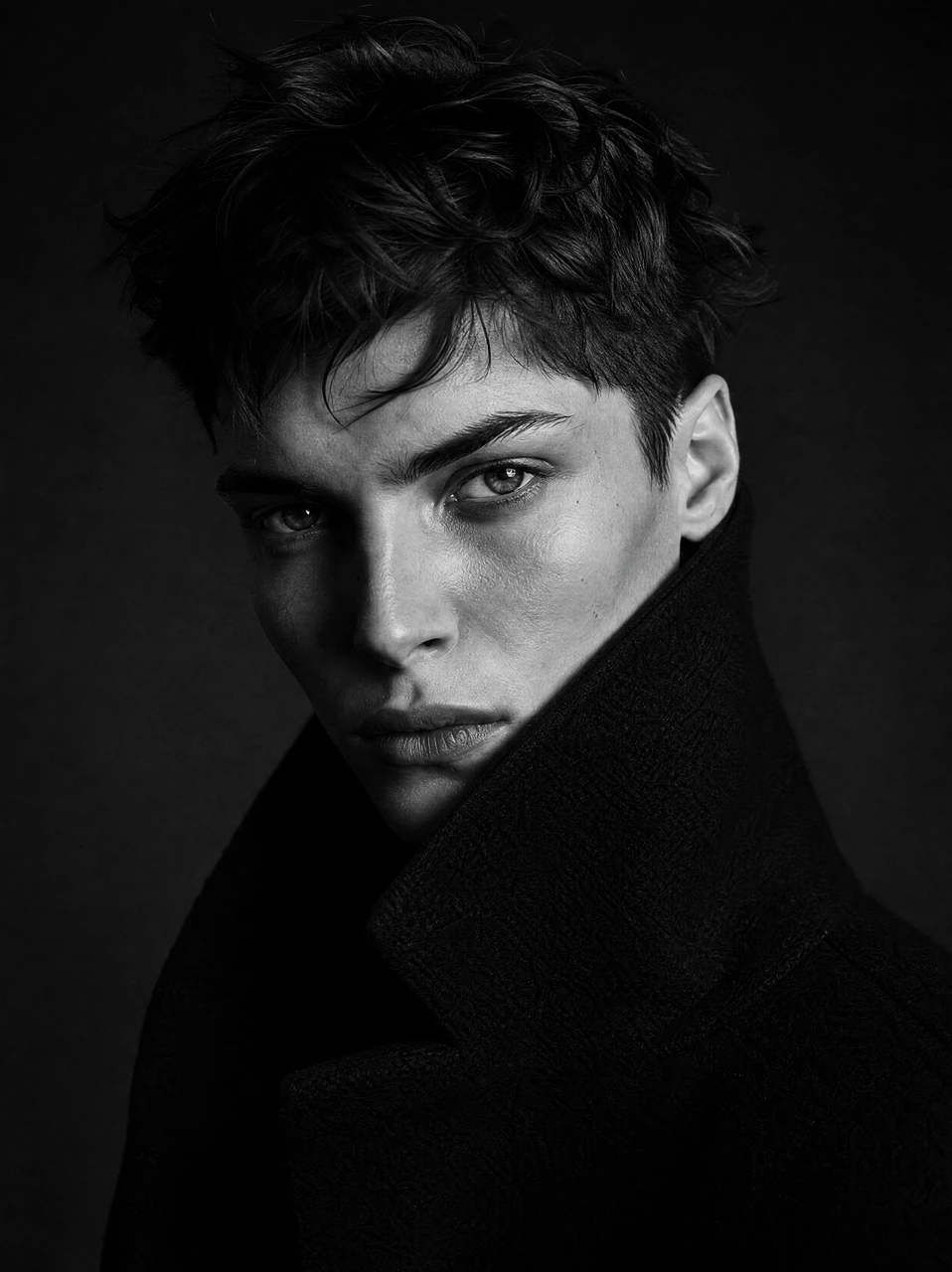 A dramatic monochrome close-up portrait template featuring short tousled hair, an intense gaze, and a bold high-collar coat for editorial fashion and artistic profile visuals.