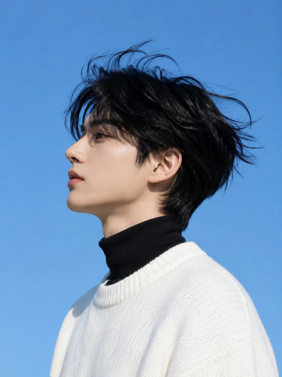 A clean outdoor portrait template featuring a person in side profile with black hair blown by the wind, wearing a black turtleneck and white sweater against a clear blue sky.