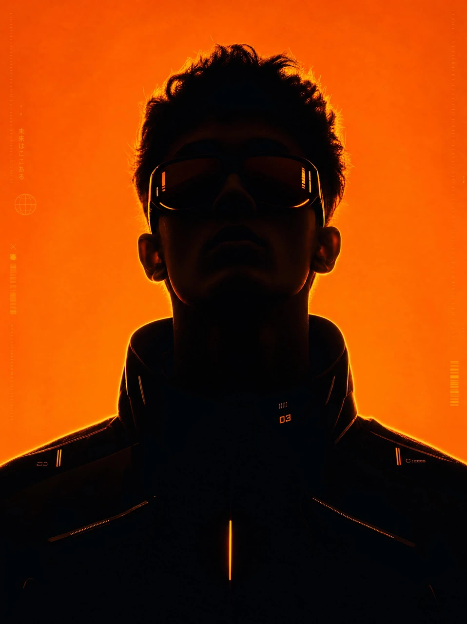 A dramatic futuristic portrait template featuring a dark sunglasses silhouette against a vivid orange background with high-contrast cinematic lighting.