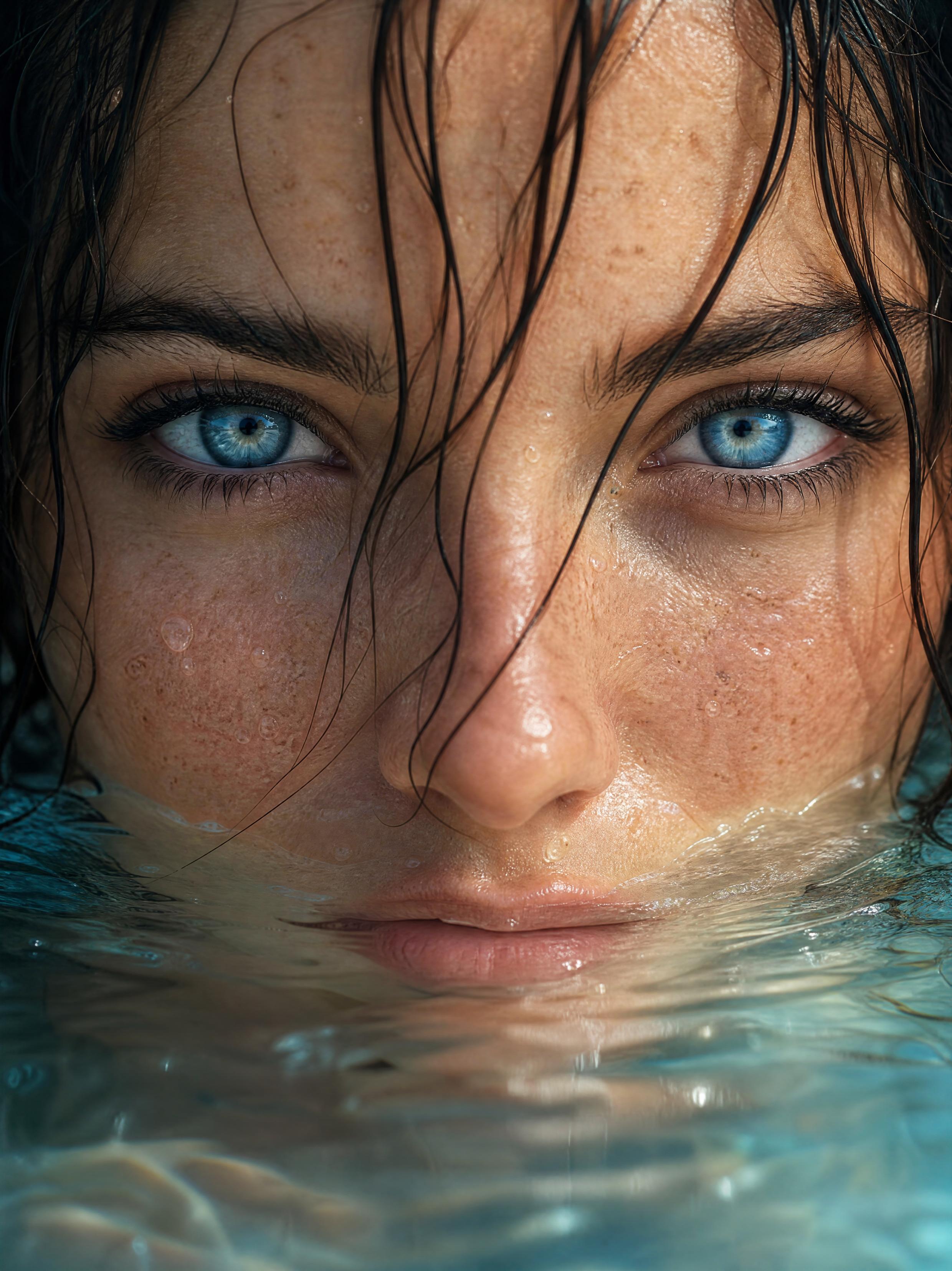 Extreme close-up of a face with vivid blue eyes, wet dark hair, visible skin texture, water droplets, and the lower face partially submerged in blue-green water.