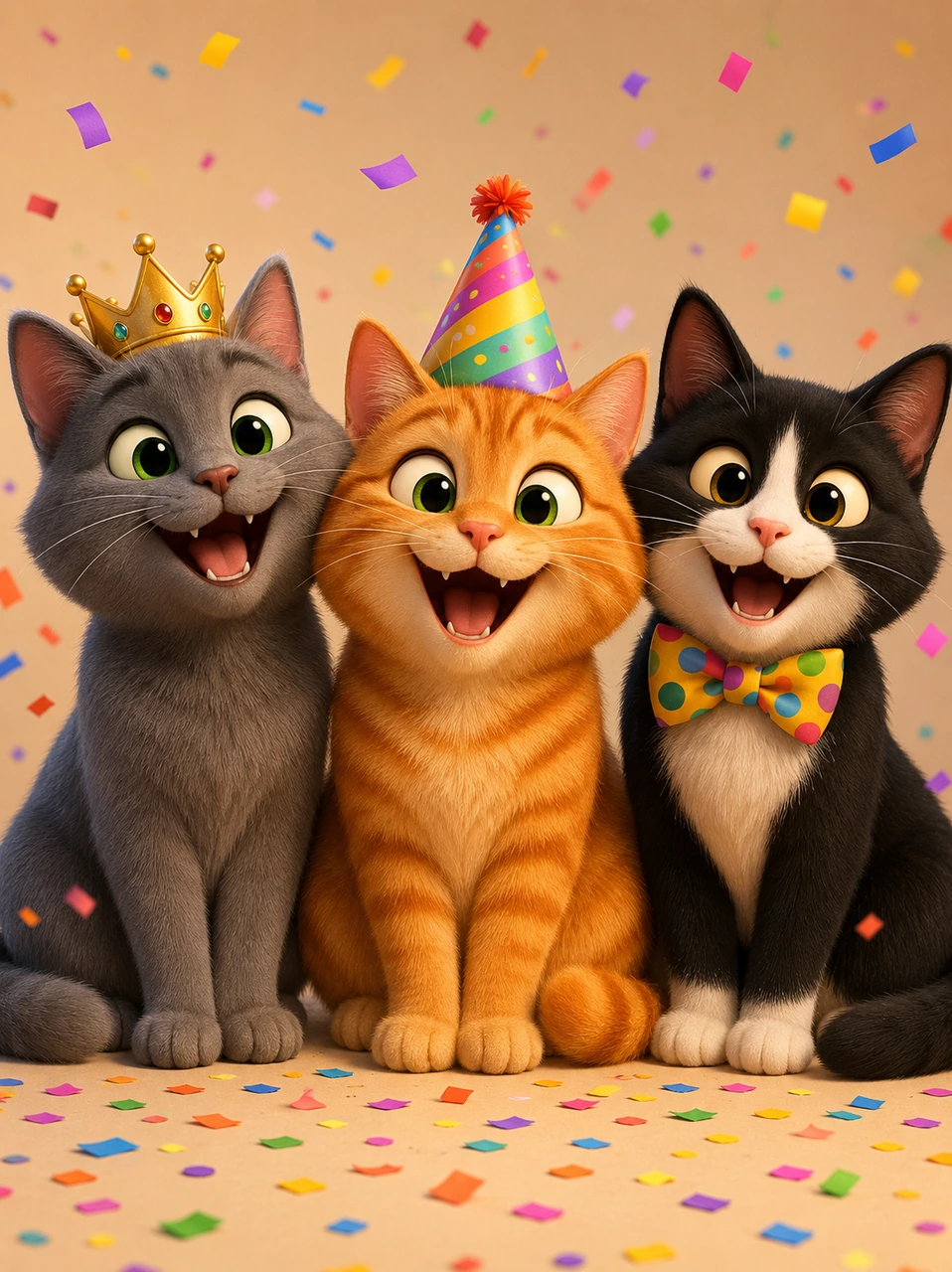 A cheerful 3D animated-style illustration of three fluffy cats celebrating together with party accessories, expressive eyes, warm lighting, and colorful confetti.