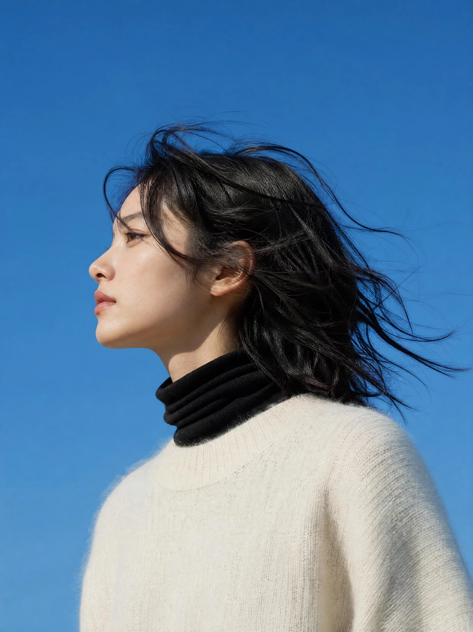 A clean outdoor portrait template featuring a person in side profile with black hair blown by the wind, wearing a black turtleneck and white sweater against a clear blue sky.