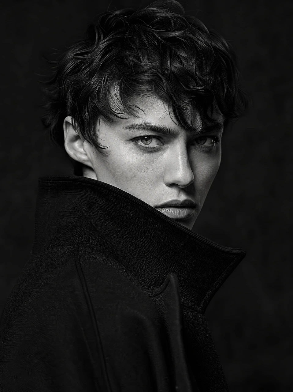 A dramatic monochrome close-up portrait template featuring short tousled hair, an intense gaze, and a bold high-collar coat for editorial fashion and artistic profile visuals.