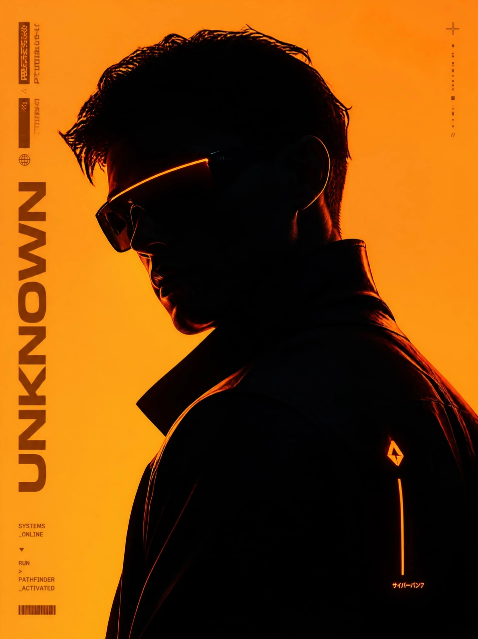 A dramatic futuristic portrait template featuring a dark sunglasses silhouette against a vivid orange background with high-contrast cinematic lighting.