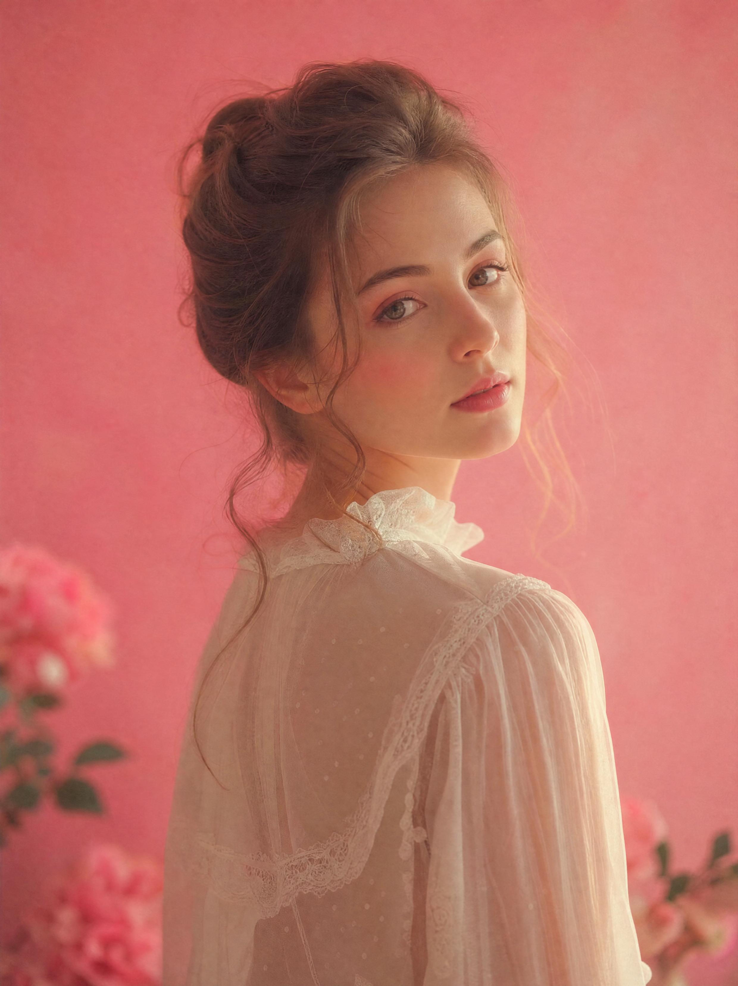 Young woman in a sheer white blouse looking over her shoulder against a soft pink background with warm vintage lighting