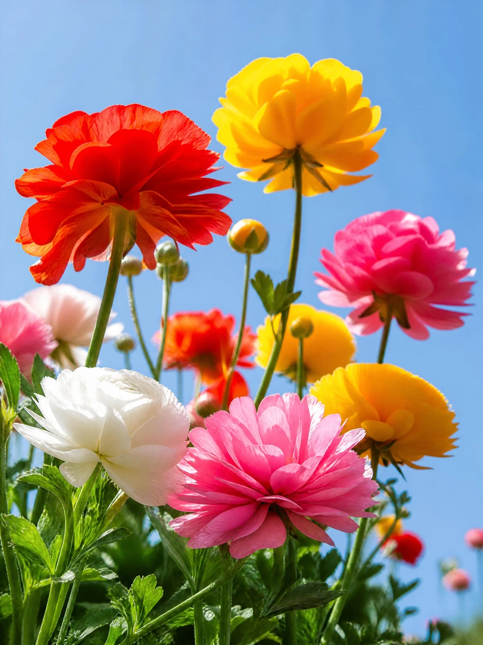 A cheerful low-angle floral scene with red, yellow, pink, and white flowers blooming beneath a clear blue sky, ideal for spring backgrounds, wallpapers, and seasonal visuals.
