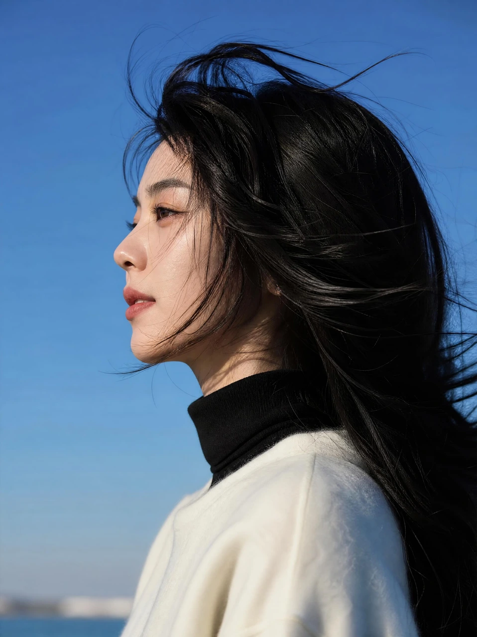 A clean outdoor portrait template featuring a person in side profile with black hair blown by the wind, wearing a black turtleneck and white sweater against a clear blue sky.