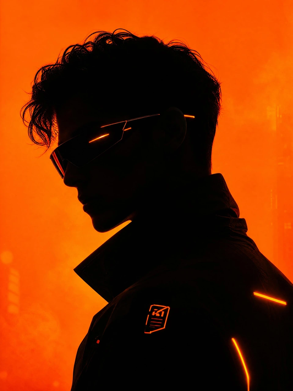 A dramatic futuristic portrait template featuring a dark sunglasses silhouette against a vivid orange background with high-contrast cinematic lighting.