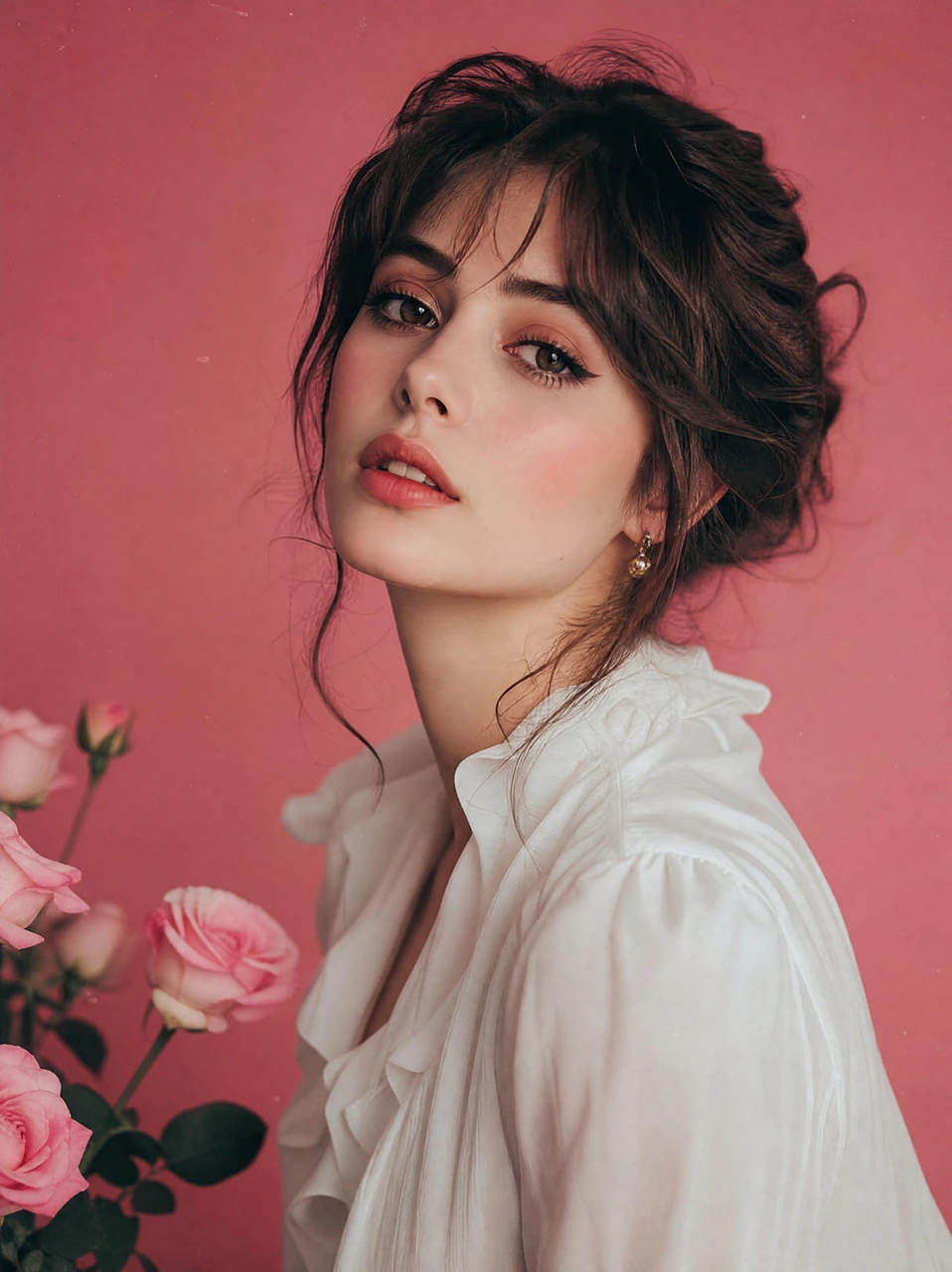 Create a soft, vintage-inspired portrait of a young woman in a white blouse against a vibrant pink background, ideal for fashion editorials, profile visuals, and romantic portrait studies.