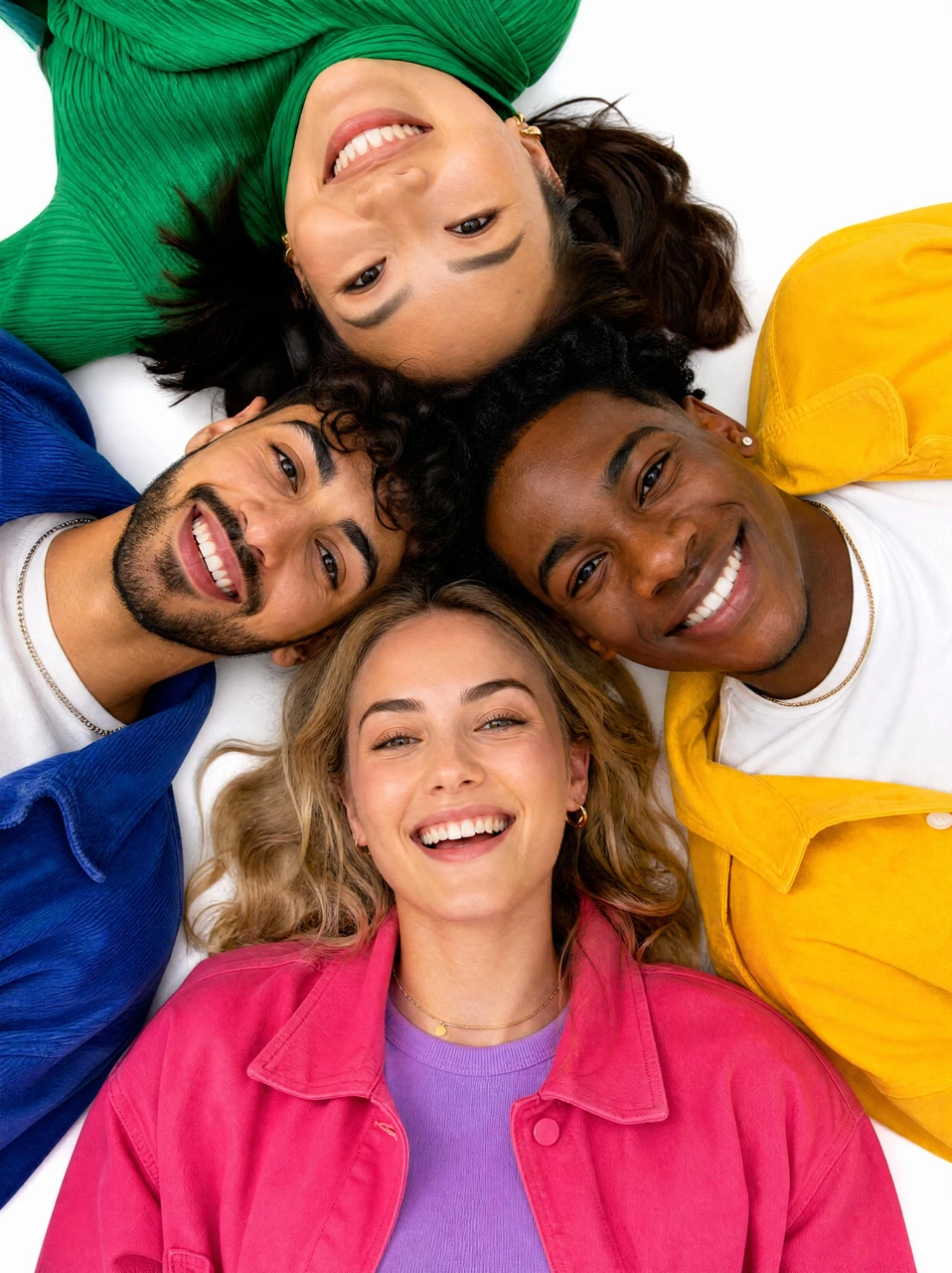 A bright lifestyle portrait template featuring smiling friends leaning together in a circular pose, wearing vibrant outfits against a clean white background.