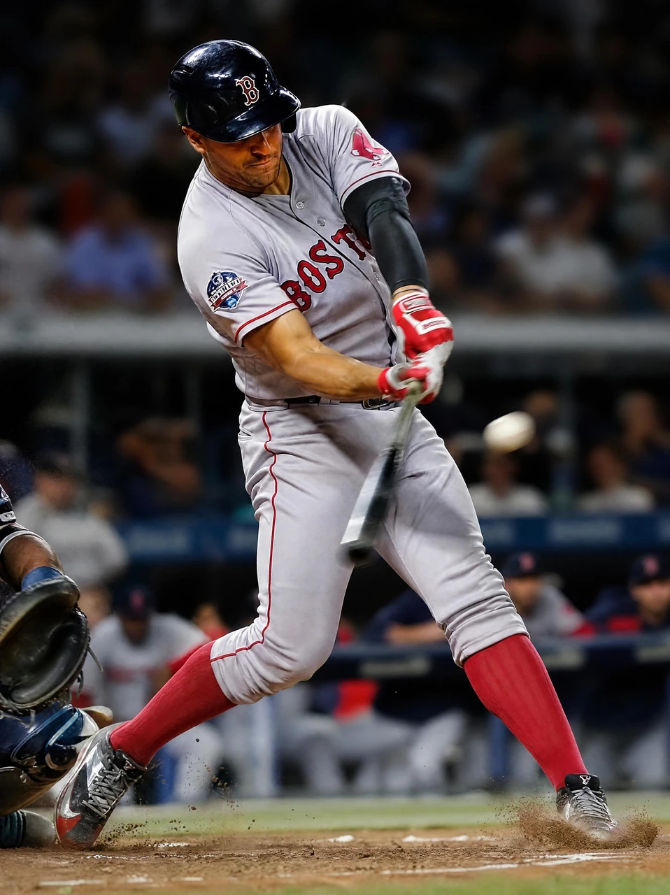 A high-energy sports photography template featuring a baseball player mid-swing, with motion blur, flying dust, and a dramatic stadium background.