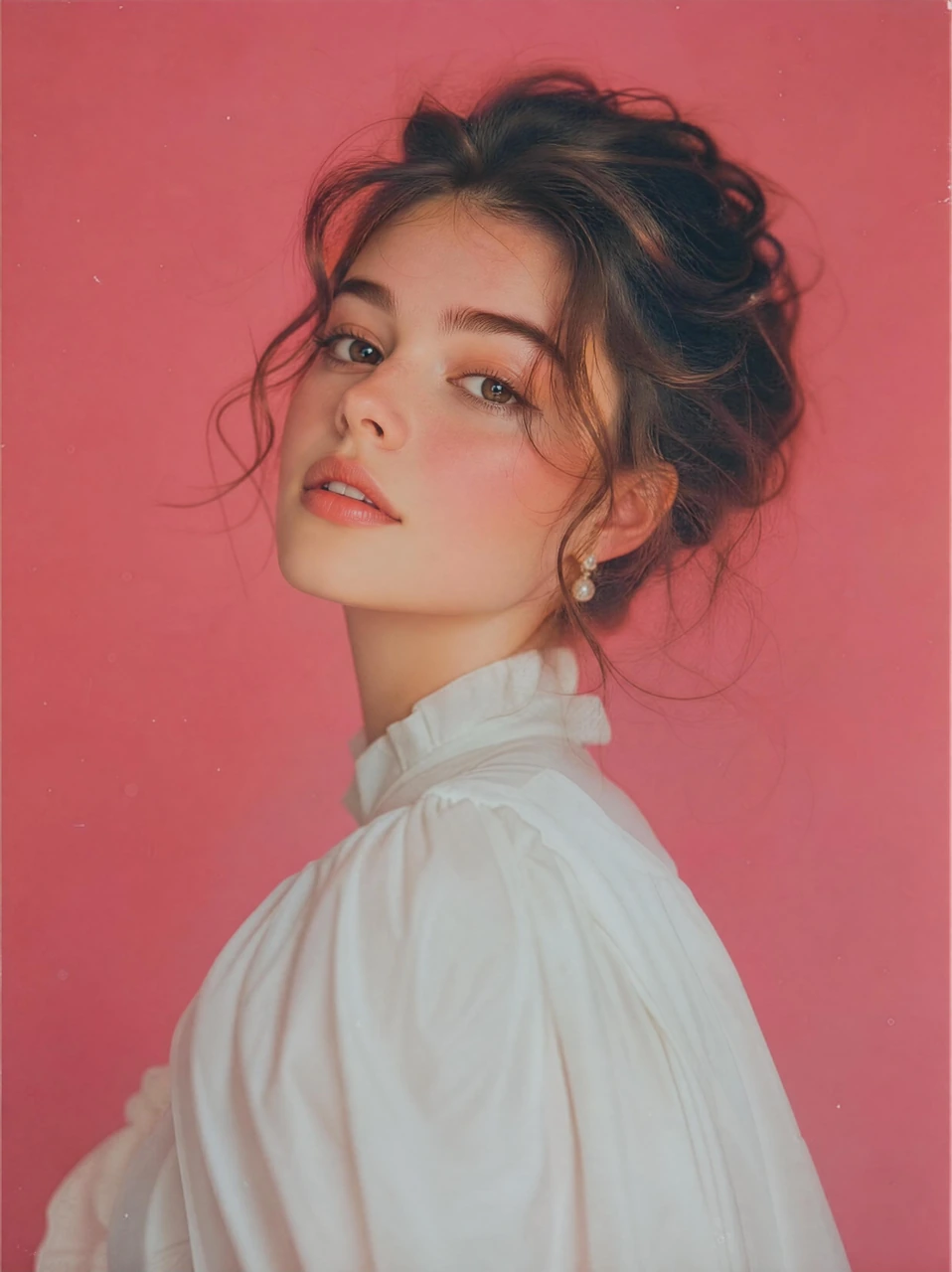 Create a soft, vintage-inspired portrait of a young woman in a white blouse against a vibrant pink background, ideal for fashion editorials, profile visuals, and romantic portrait studies.
