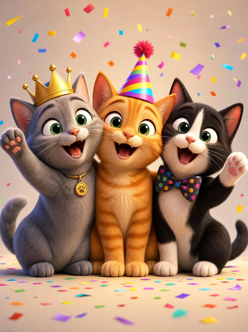 A cheerful 3D animated-style illustration of three fluffy cats celebrating together with party accessories, expressive eyes, warm lighting, and colorful confetti.