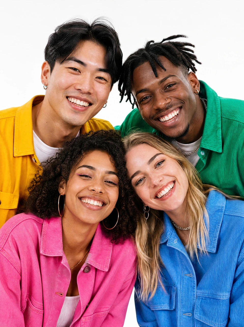 A bright lifestyle portrait template featuring smiling friends leaning together in a circular pose, wearing vibrant outfits against a clean white background.