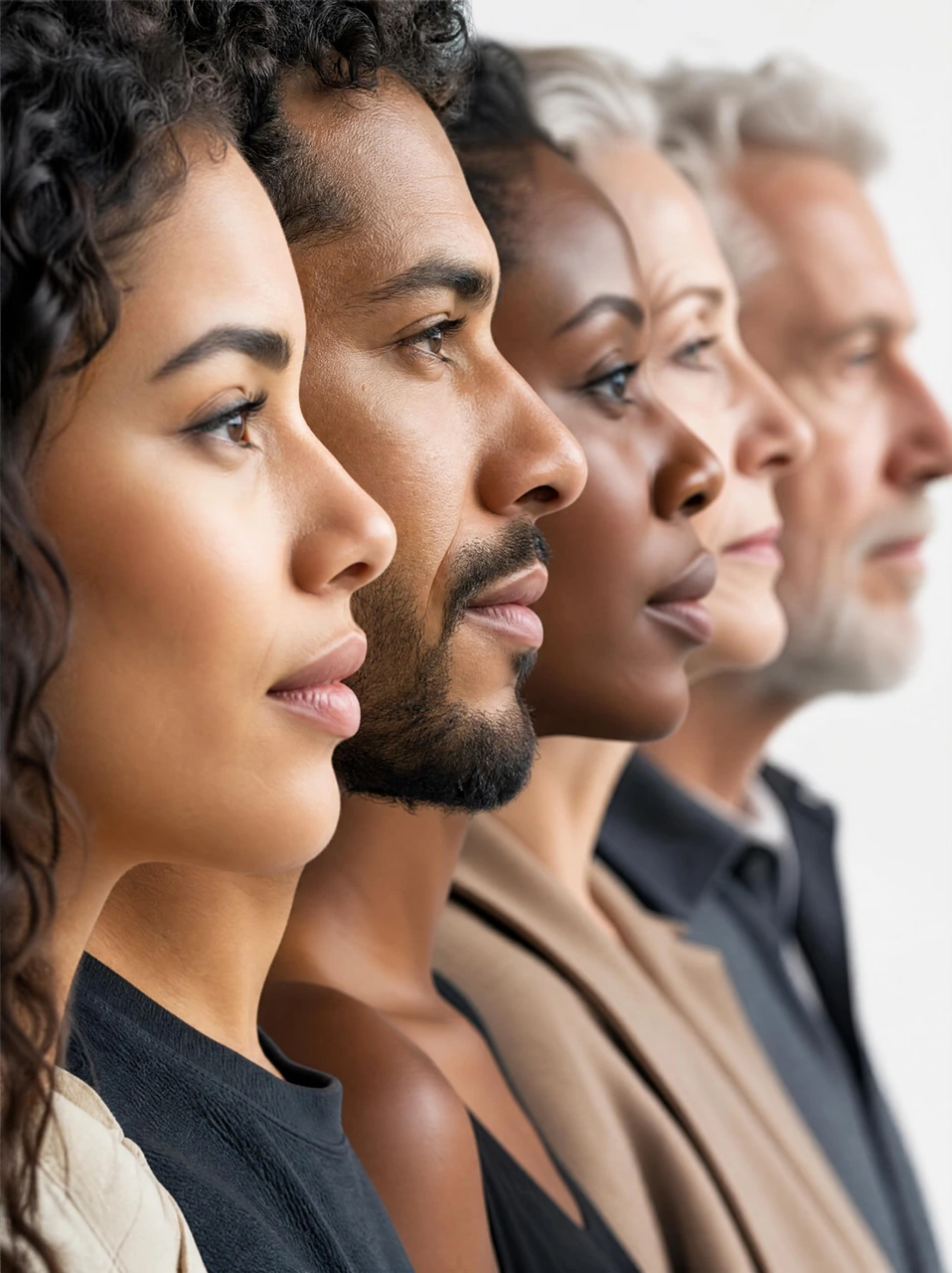 A clean, close-up portrait composition showing diverse people in side profile against a soft white background, ideal for inclusion, unity, DEI, and corporate culture campaigns.