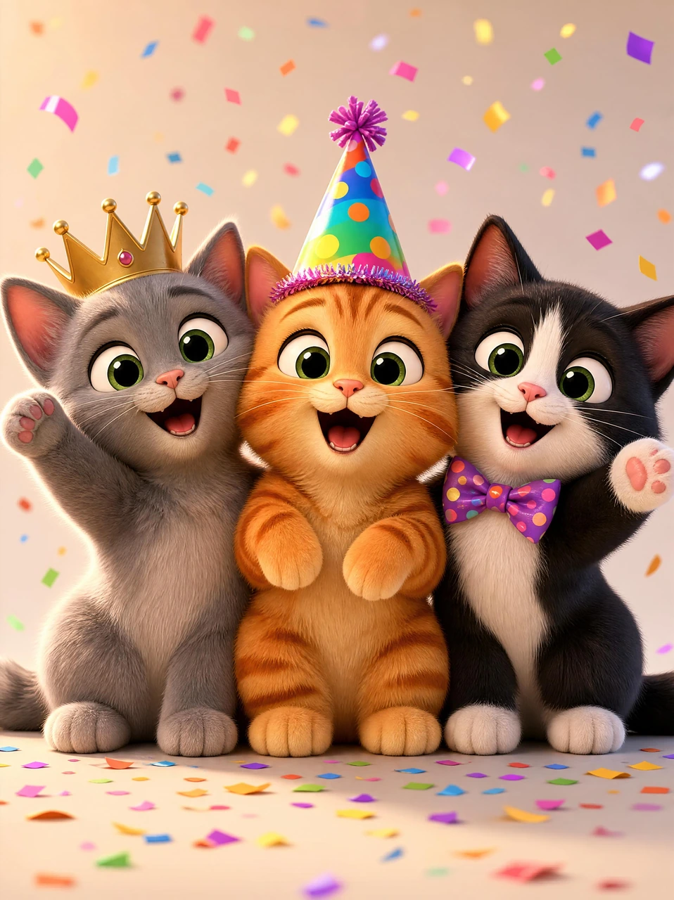 A cheerful 3D animated-style illustration of three fluffy cats celebrating together with party accessories, expressive eyes, warm lighting, and colorful confetti.