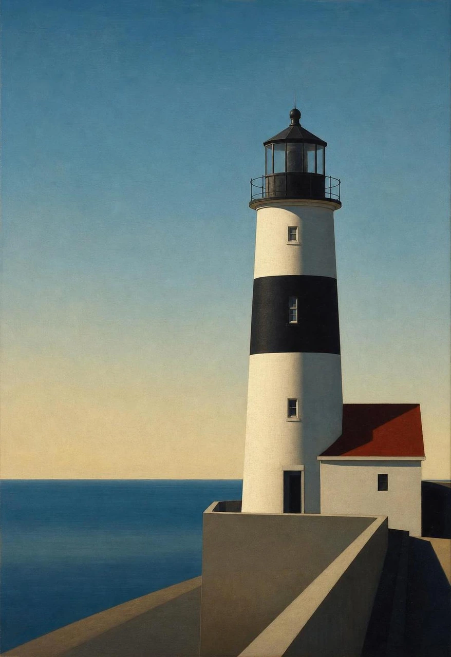 A crisp, clean oil painting template featuring a lighthouse by the sea, using minimal composition, strong architectural forms, vibrant blues, and refined details.