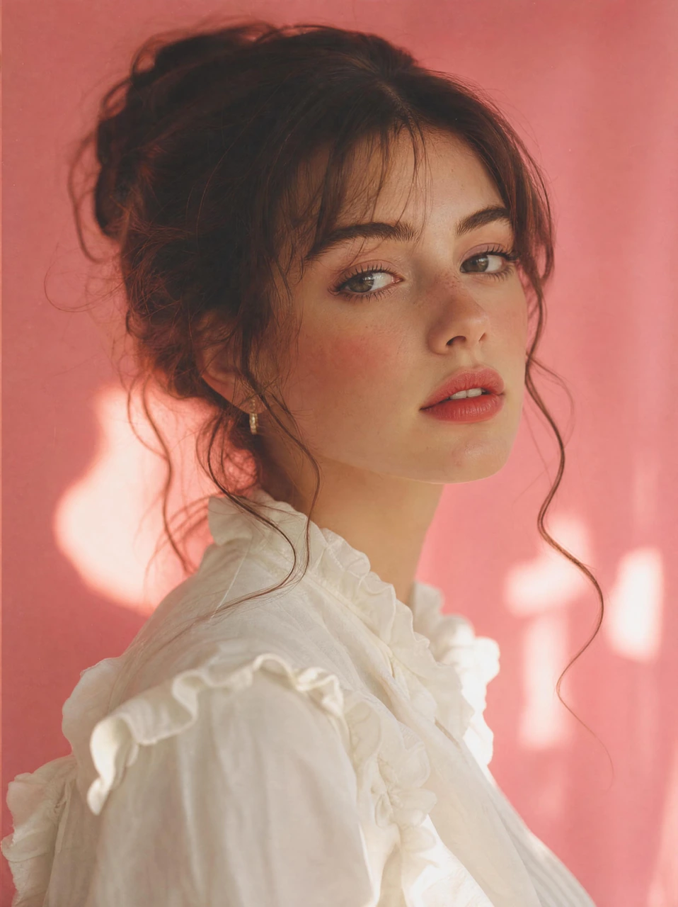 Create a soft, vintage-inspired portrait of a young woman in a white blouse against a vibrant pink background, ideal for fashion editorials, profile visuals, and romantic portrait studies.