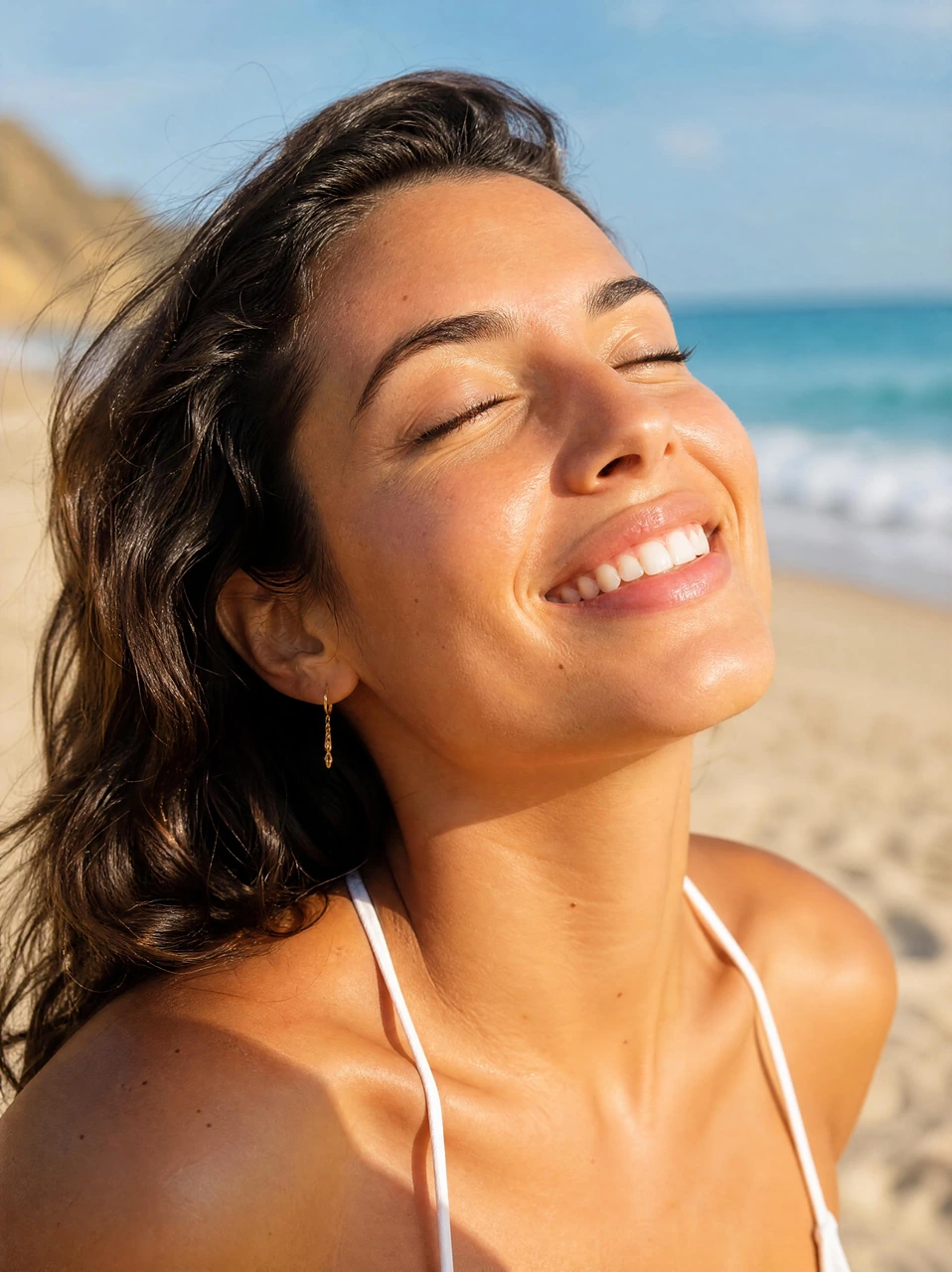 Ein ruhiges Nahporträt einer lächelnden Frau im warmen Sonnenlicht, mit geschlossenen Augen, strahlender Haut und sanftem Strandhintergrund, ideal für Beauty-, Skincare- und Lifestyle-Visuals.