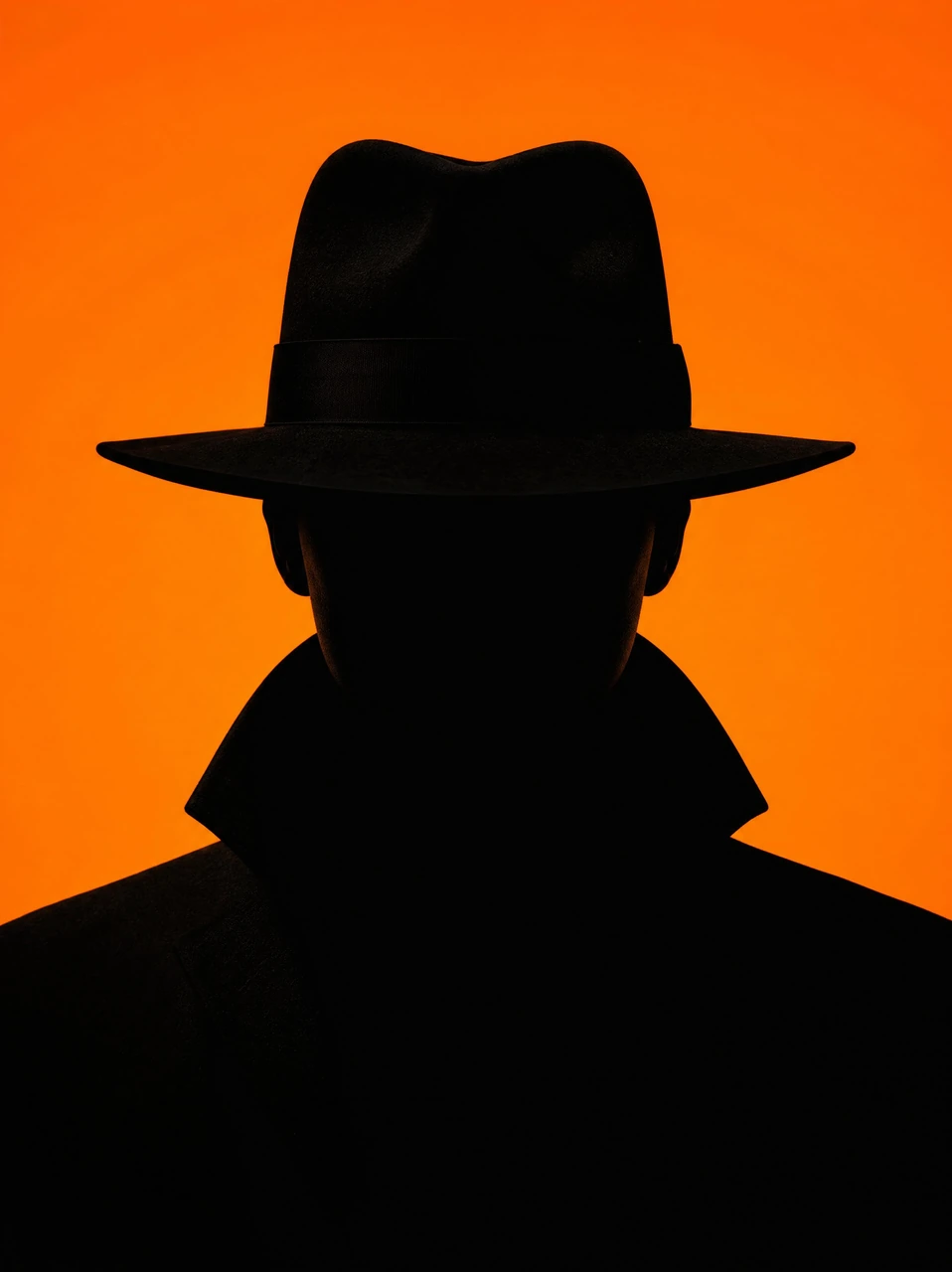 A bold cinematic portrait template featuring a mysterious silhouetted figure in a wide-brimmed black hat against a vivid orange background, ideal for noir-style posters, thriller visuals, and dramatic editorial concepts.