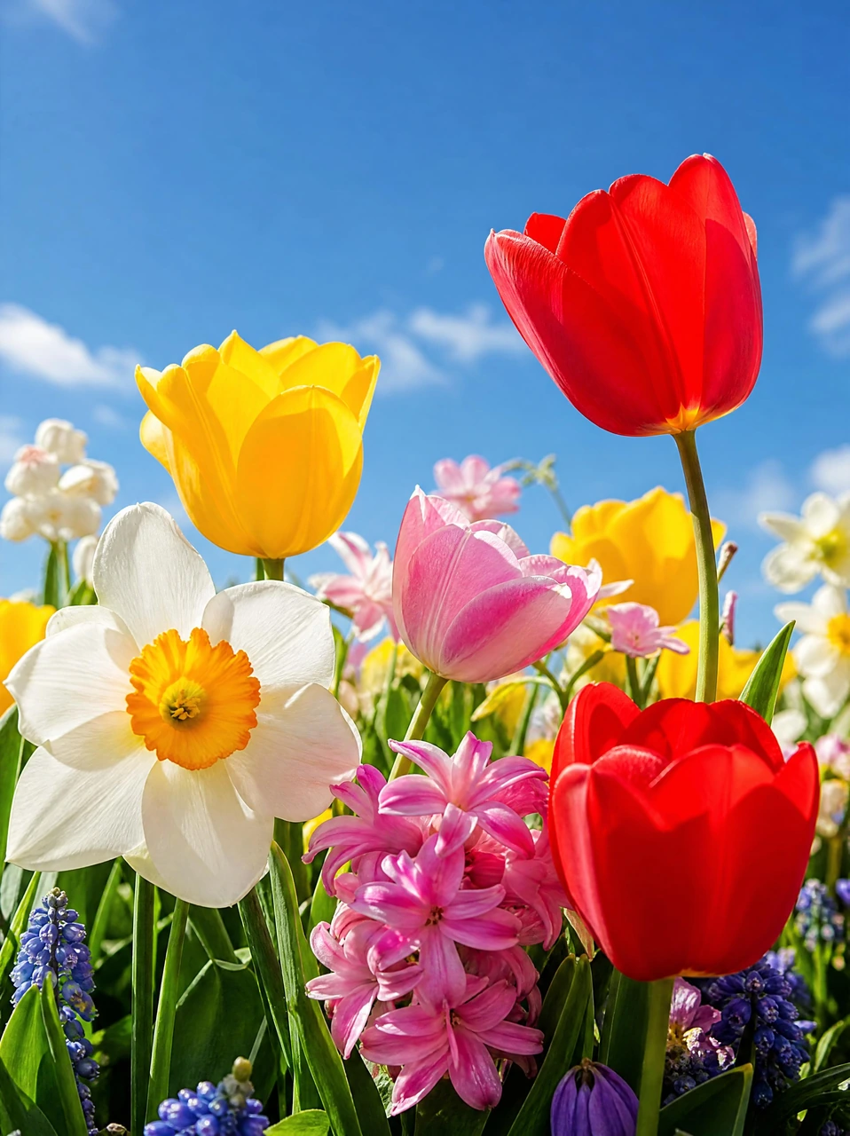 A cheerful low-angle floral scene with red, yellow, pink, and white flowers blooming beneath a clear blue sky, ideal for spring backgrounds, wallpapers, and seasonal visuals.