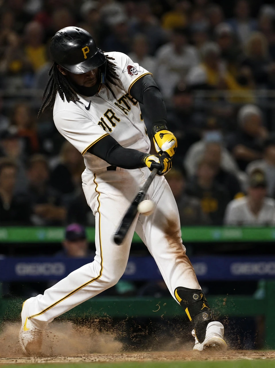 A high-energy sports photography template featuring a baseball player mid-swing, with motion blur, flying dust, and a dramatic stadium background.